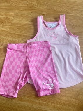 Nike Pink & White Girls Athletic Tank Top and Checker Bike Shorts